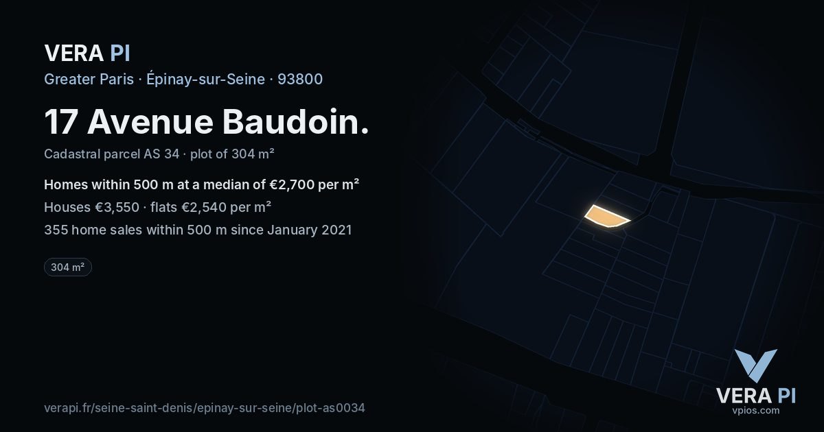 17 Avenue Baudoin, Épinay-sur-Seine at night – the plot lit, the parcels around coloured by the prices near them