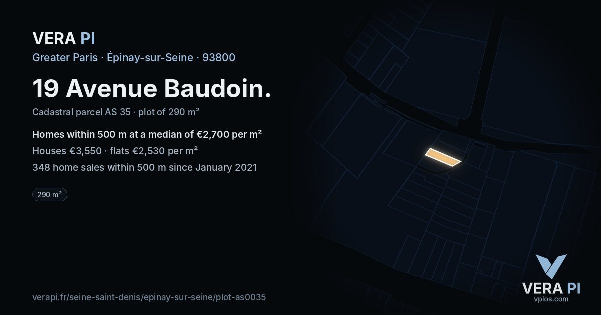 19 Avenue Baudoin, Épinay-sur-Seine at night – the plot lit, the parcels around coloured by the prices near them