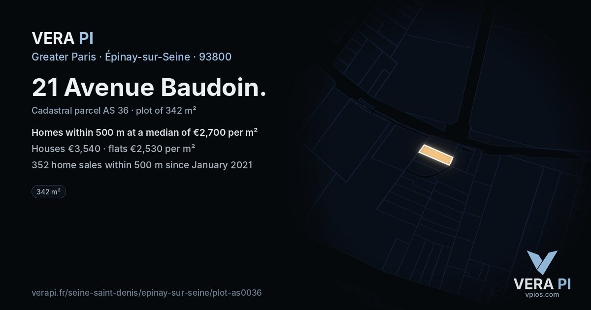 21 Avenue Baudoin, Épinay-sur-Seine at night – the plot lit, the parcels around coloured by the prices near them