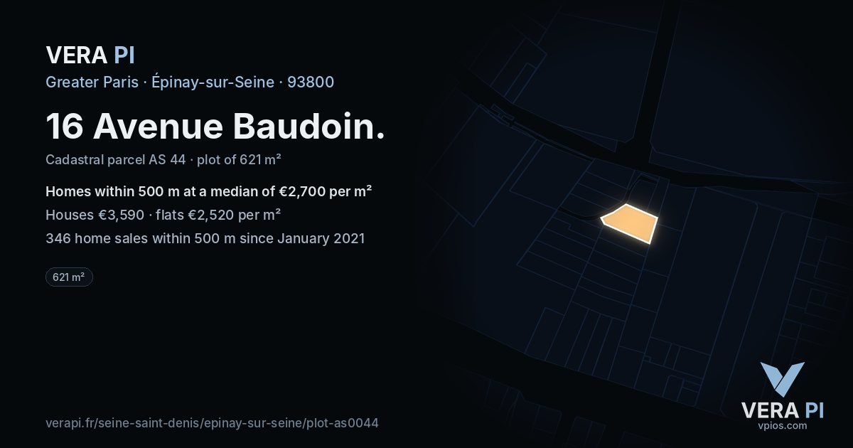 16 Avenue Baudoin, Épinay-sur-Seine at night – the plot lit, the parcels around coloured by the prices near them