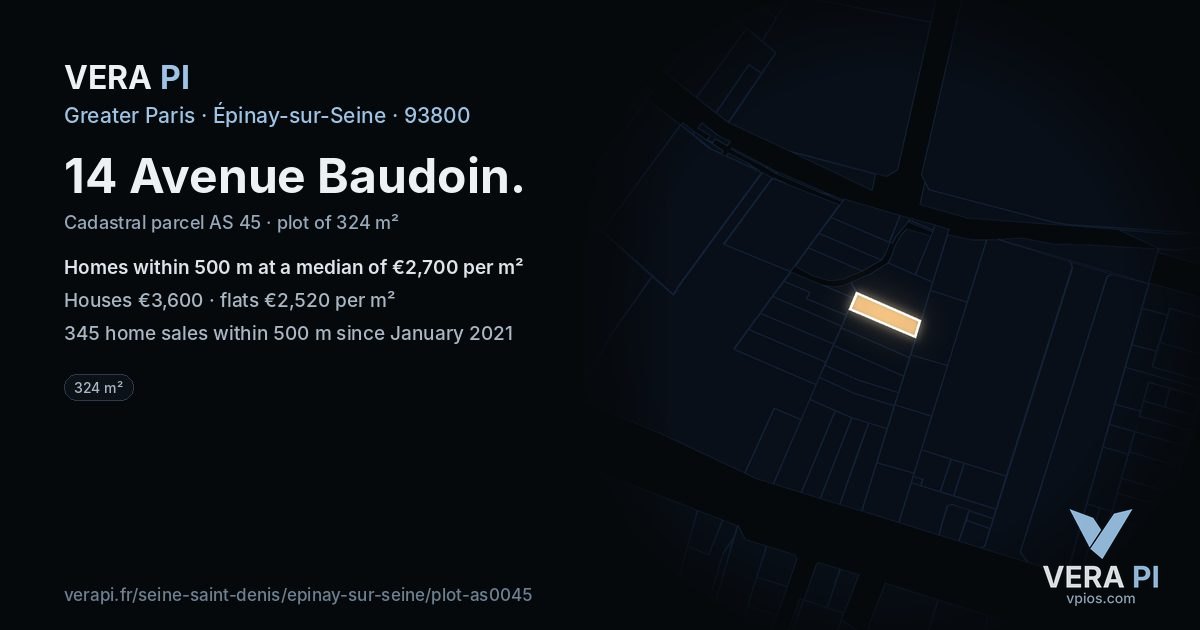 14 Avenue Baudoin, Épinay-sur-Seine at night – the plot lit, the parcels around coloured by the prices near them