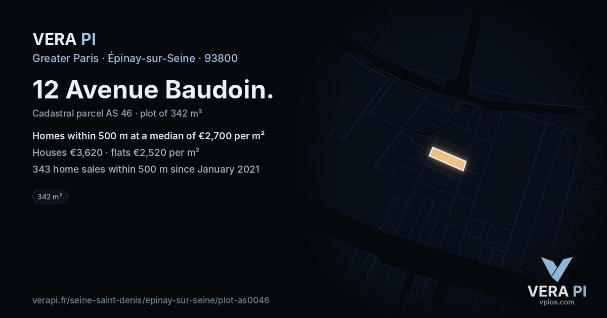 12 Avenue Baudoin, Épinay-sur-Seine at night – the plot lit, the parcels around coloured by the prices near them