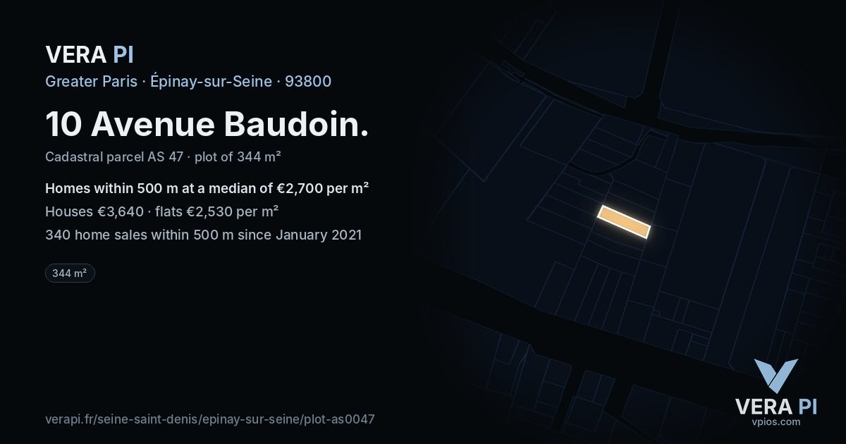 10 Avenue Baudoin, Épinay-sur-Seine at night – the plot lit, the parcels around coloured by the prices near them