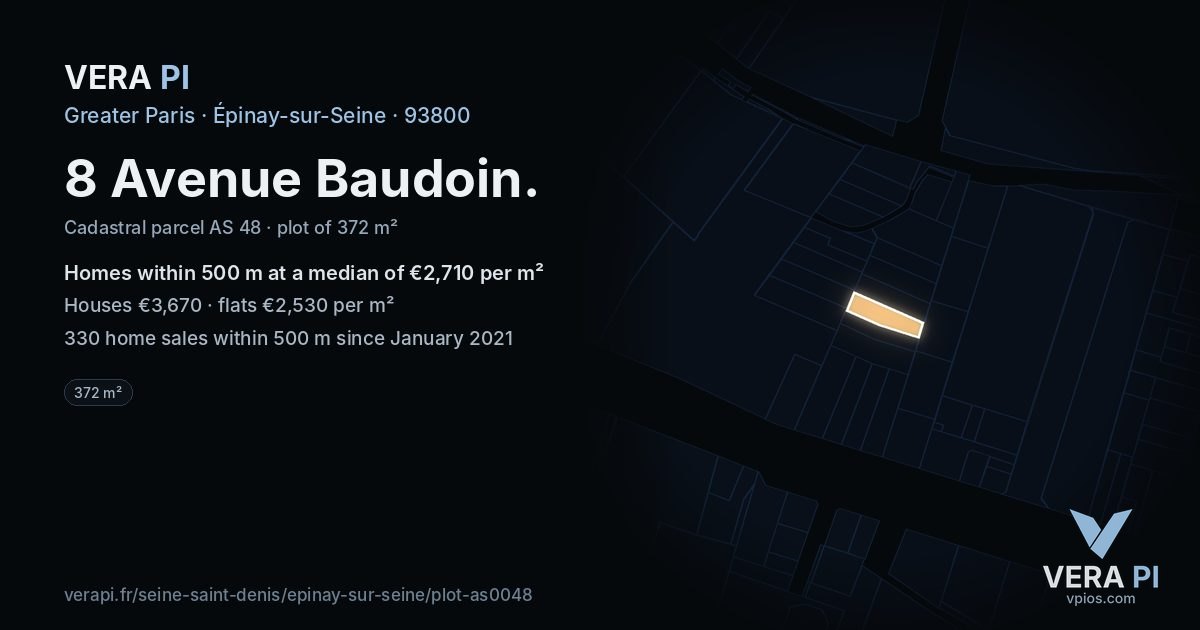 8 Avenue Baudoin, Épinay-sur-Seine at night – the plot lit, the parcels around coloured by the prices near them