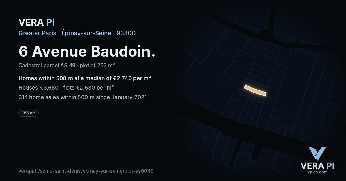 6 Avenue Baudoin, Épinay-sur-Seine at night – the plot lit, the parcels around coloured by the prices near them