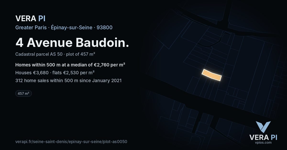 4 Avenue Baudoin, Épinay-sur-Seine at night – the plot lit, the parcels around coloured by the prices near them