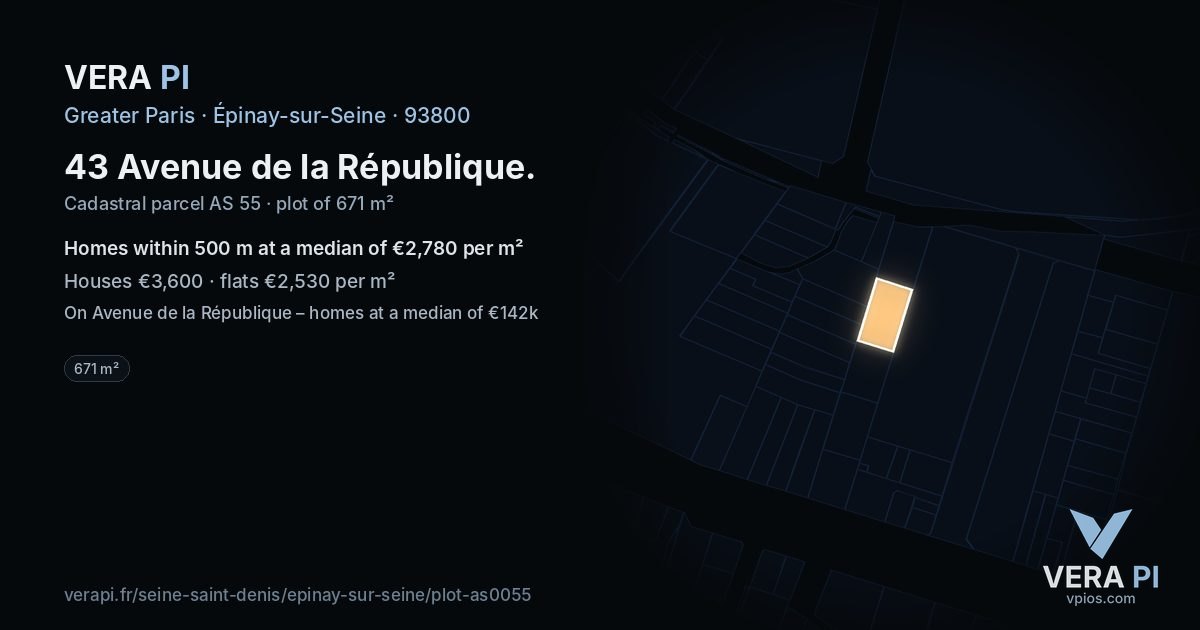 43 Avenue de la République, Épinay-sur-Seine at night – the plot lit, the parcels around coloured by the prices near them