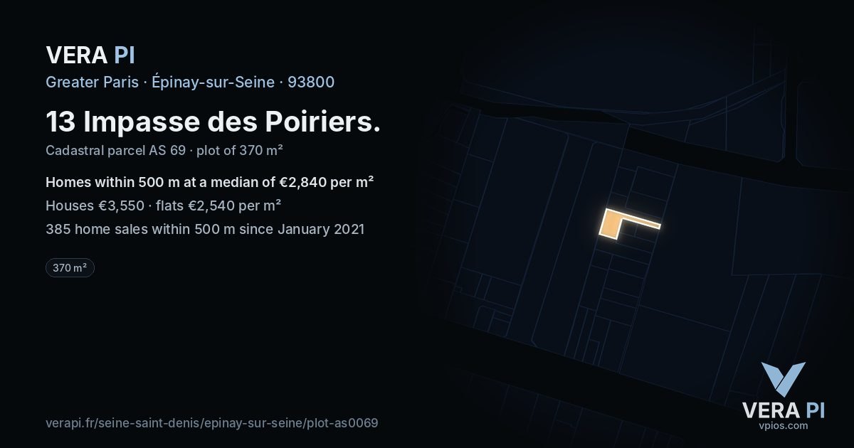 13 Impasse des Poiriers, Épinay-sur-Seine at night – the plot lit, the parcels around coloured by the prices near them