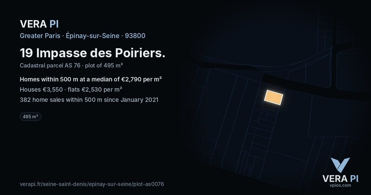19 Impasse des Poiriers, Épinay-sur-Seine at night – the plot lit, the parcels around coloured by the prices near them
