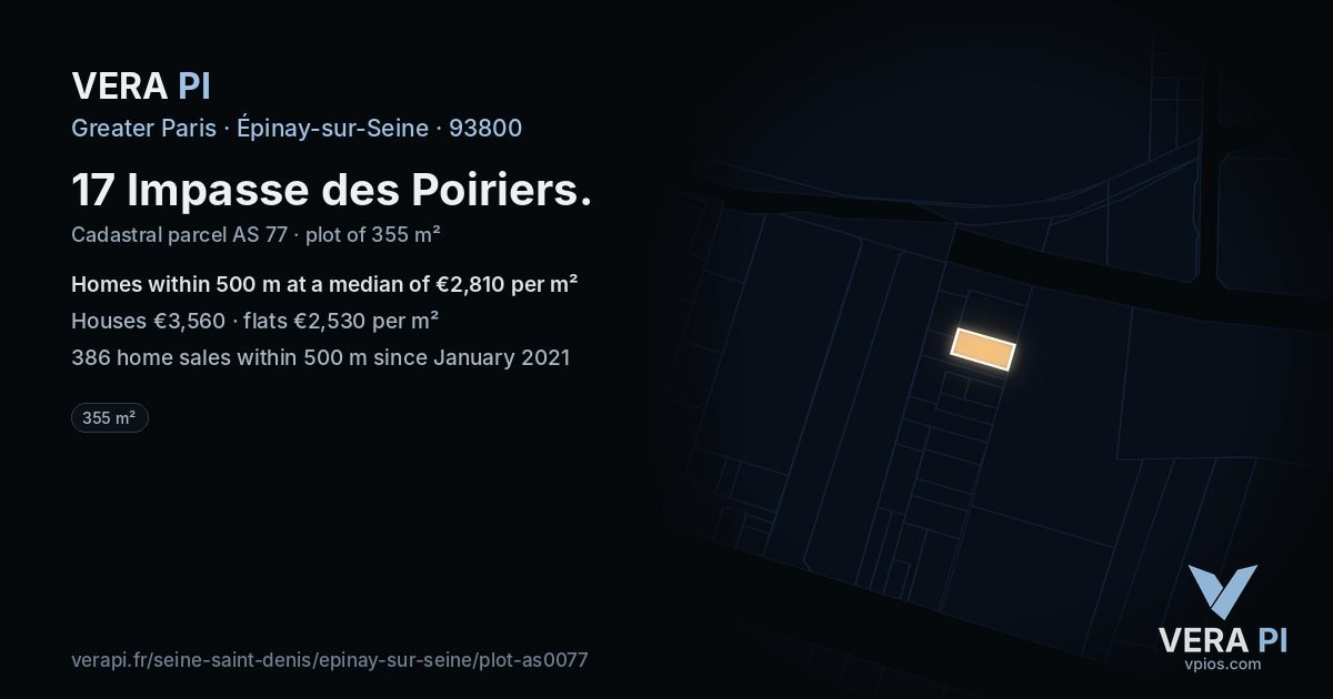 17 Impasse des Poiriers, Épinay-sur-Seine at night – the plot lit, the parcels around coloured by the prices near them