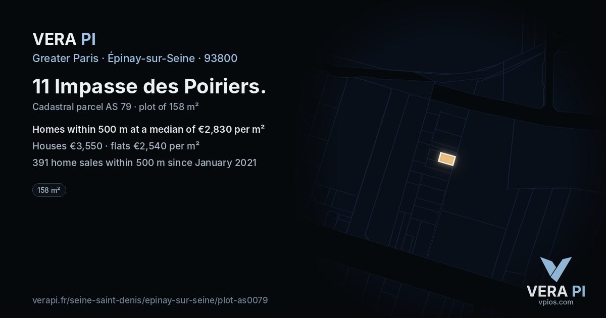 11 Impasse des Poiriers, Épinay-sur-Seine at night – the plot lit, the parcels around coloured by the prices near them