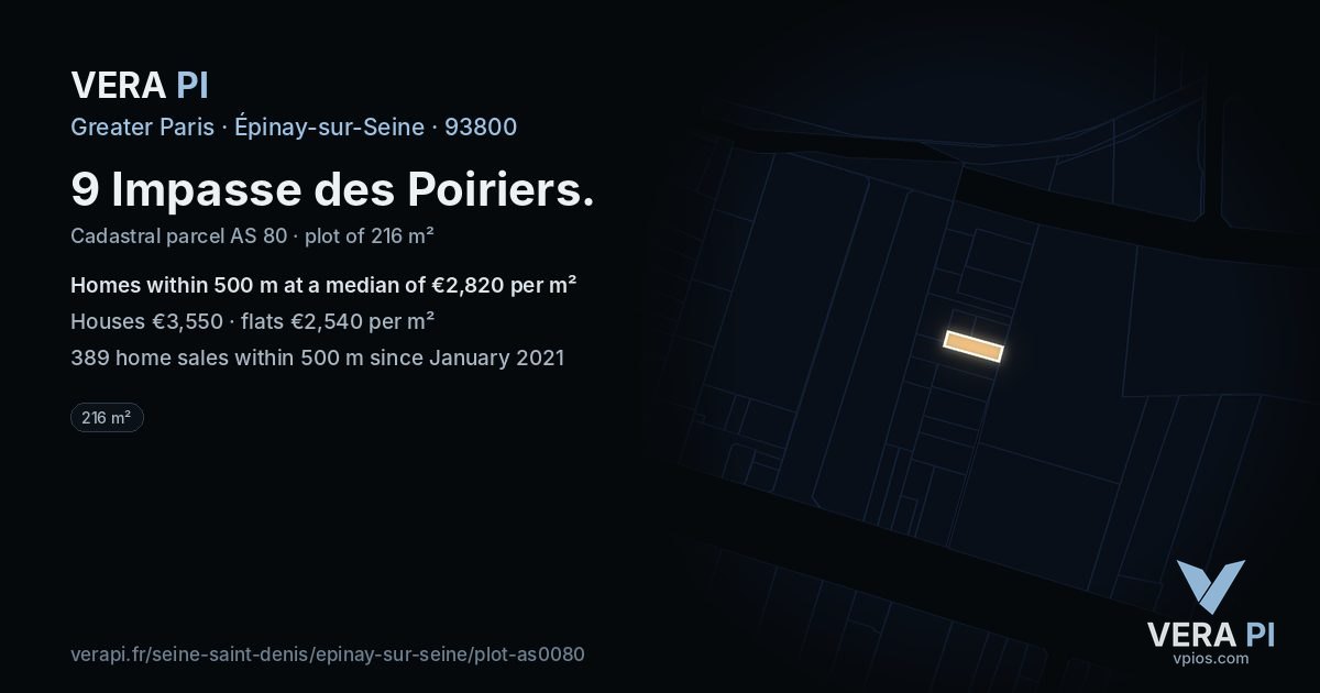 9 Impasse des Poiriers, Épinay-sur-Seine at night – the plot lit, the parcels around coloured by the prices near them
