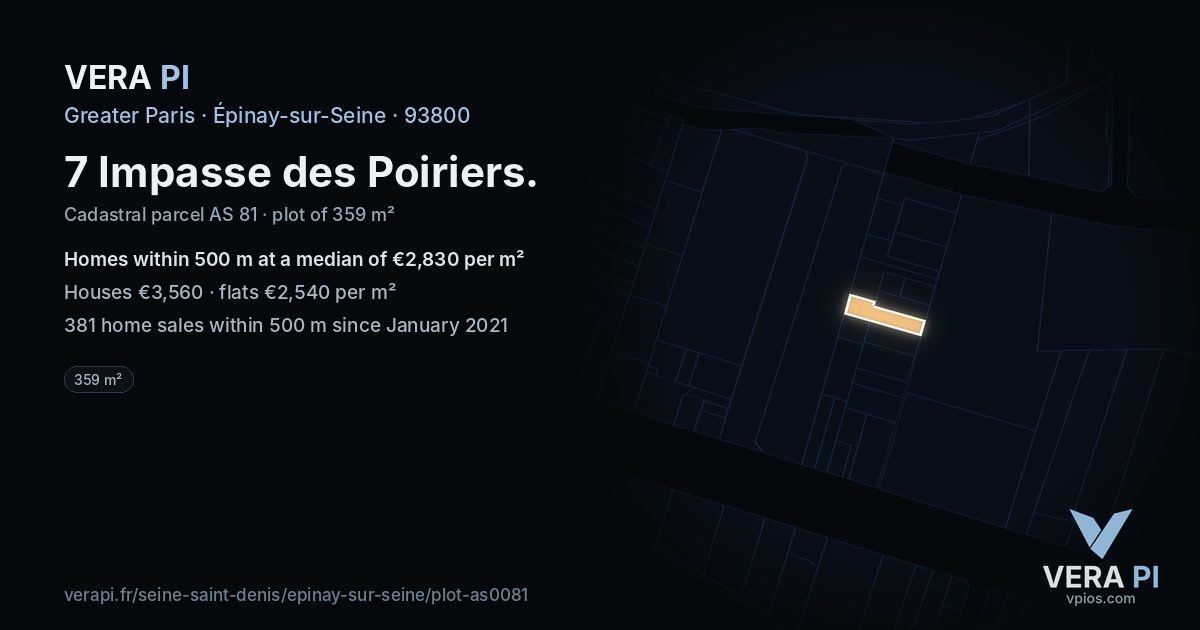 7 Impasse des Poiriers, Épinay-sur-Seine at night – the plot lit, the parcels around coloured by the prices near them