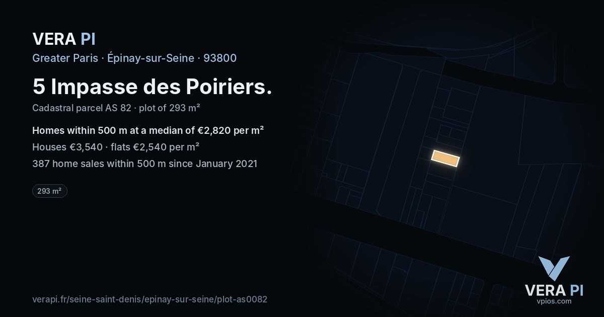 5 Impasse des Poiriers, Épinay-sur-Seine at night – the plot lit, the parcels around coloured by the prices near them