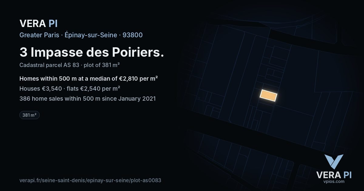 3 Impasse des Poiriers, Épinay-sur-Seine at night – the plot lit, the parcels around coloured by the prices near them