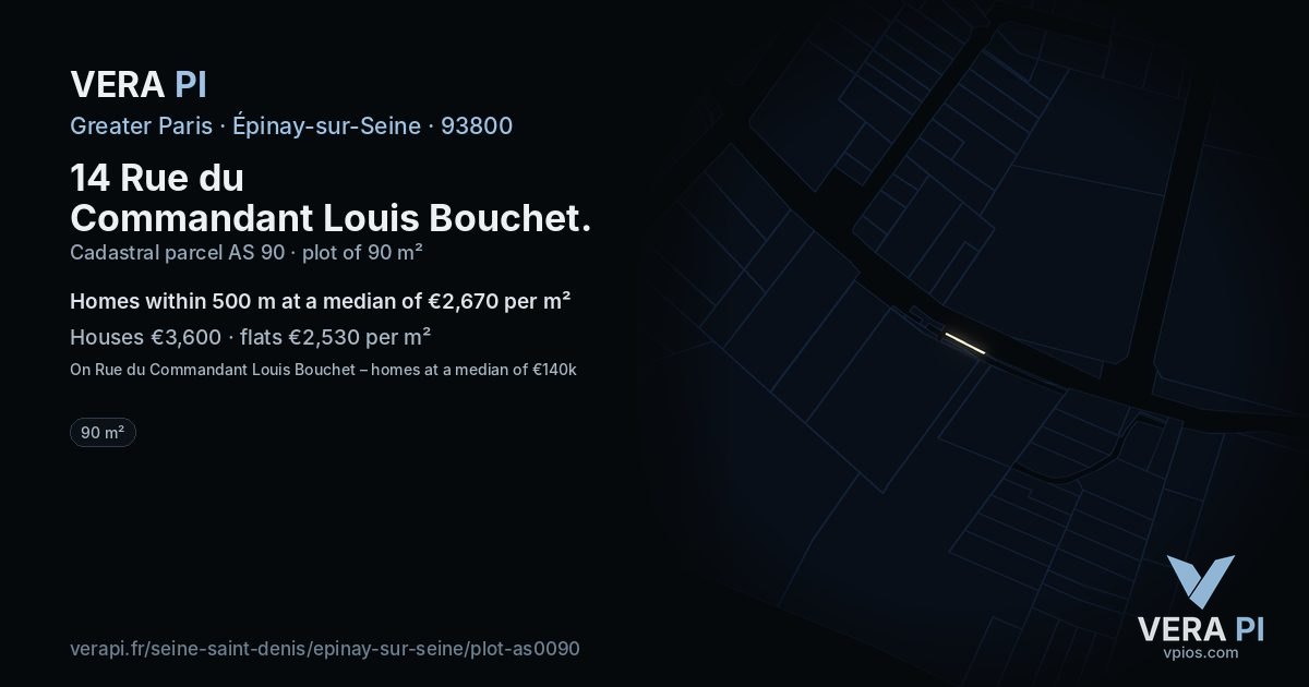14 Rue du Commandant Louis Bouchet, Épinay-sur-Seine at night – the plot lit, the parcels around coloured by the prices near them