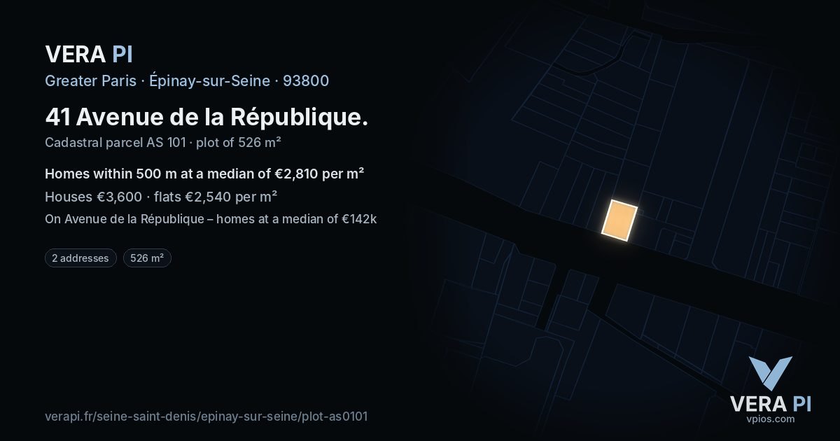 41 Avenue de la République, Épinay-sur-Seine at night – the plot lit, the parcels around coloured by the prices near them