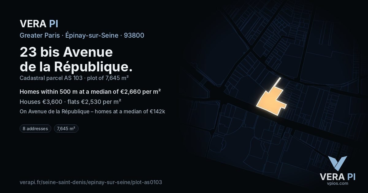 23 bis Avenue de la République, Épinay-sur-Seine at night – the plot lit, the parcels around coloured by the prices near them