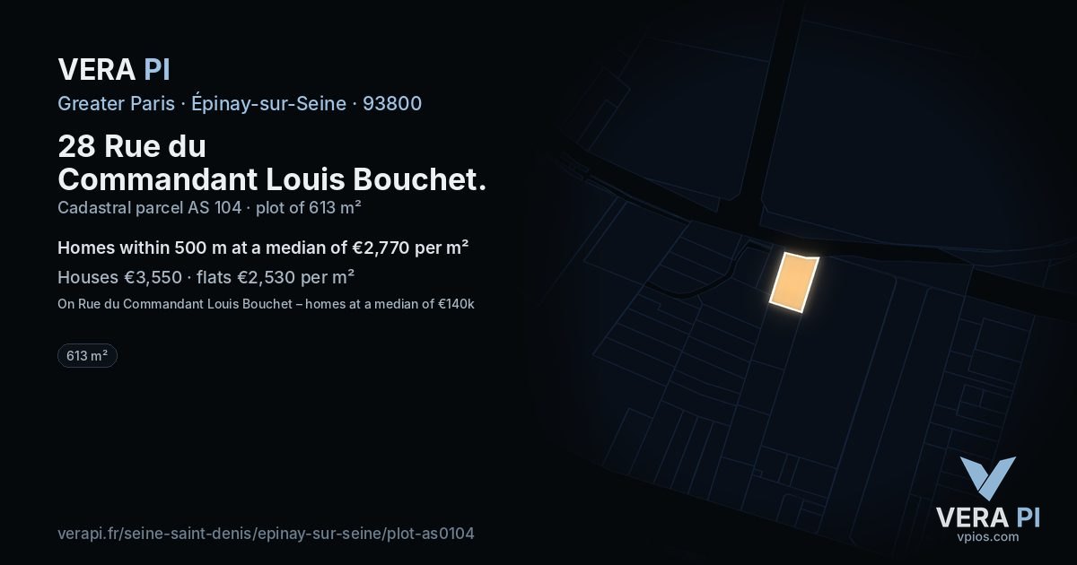 28 Rue du Commandant Louis Bouchet, Épinay-sur-Seine at night – the plot lit, the parcels around coloured by the prices near them
