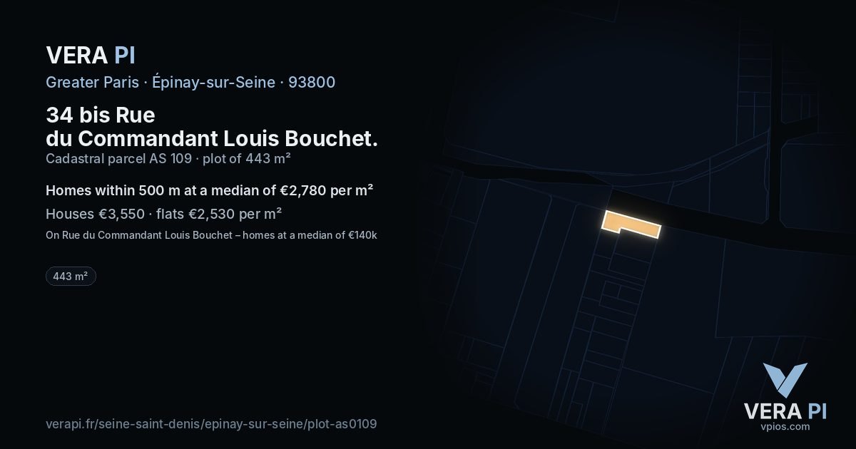 34 bis Rue du Commandant Louis Bouchet, Épinay-sur-Seine at night – the plot lit, the parcels around coloured by the prices near them