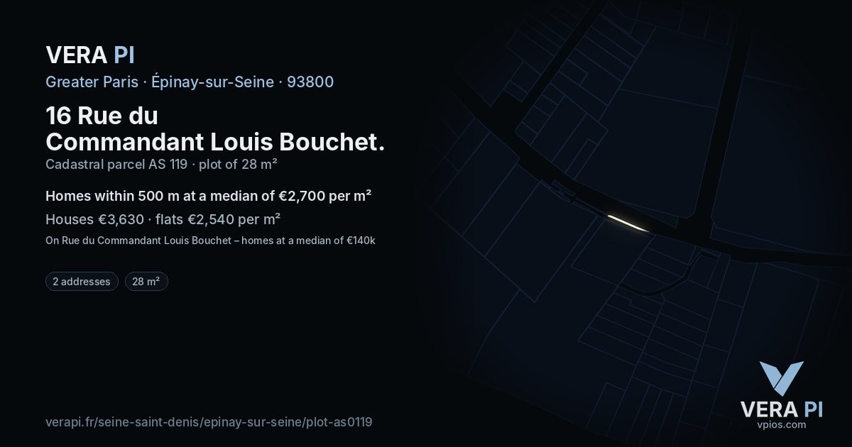 16 Rue du Commandant Louis Bouchet, Épinay-sur-Seine at night – the plot lit, the parcels around coloured by the prices near them