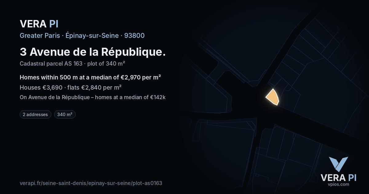 3 Avenue de la République, Épinay-sur-Seine at night – the plot lit, the parcels around coloured by the prices near them