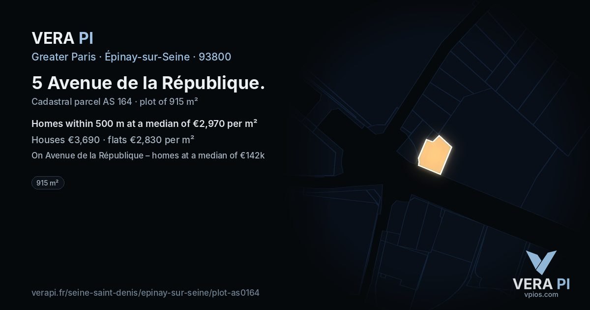 5 Avenue de la République, Épinay-sur-Seine at night – the plot lit, the parcels around coloured by the prices near them