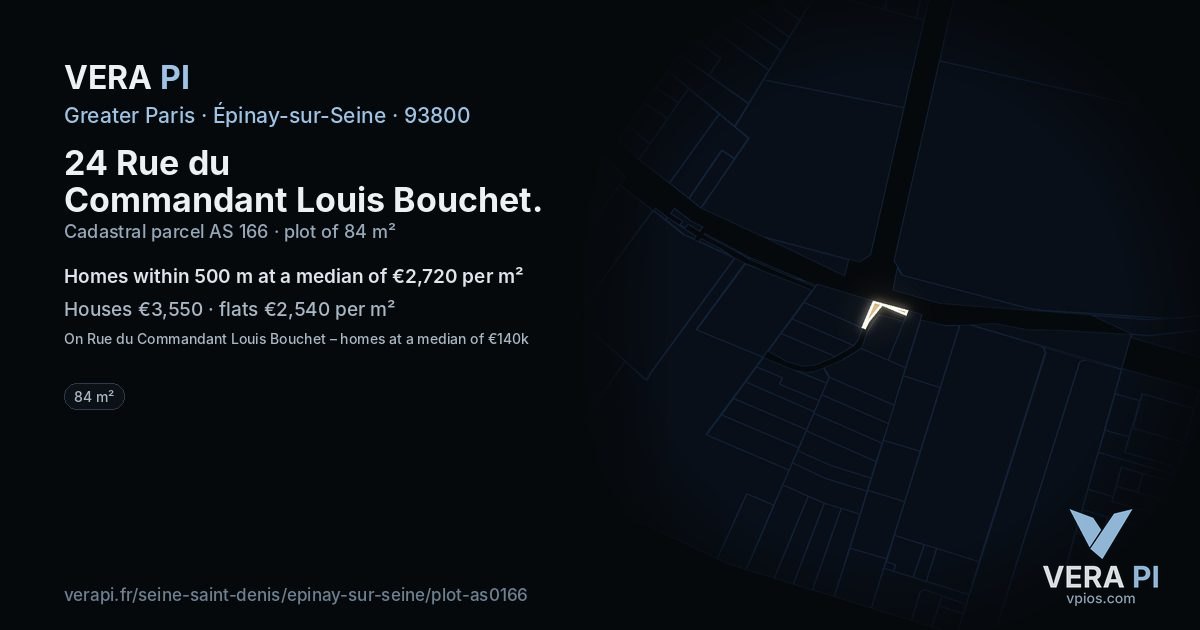 24 Rue du Commandant Louis Bouchet, Épinay-sur-Seine at night – the plot lit, the parcels around coloured by the prices near them