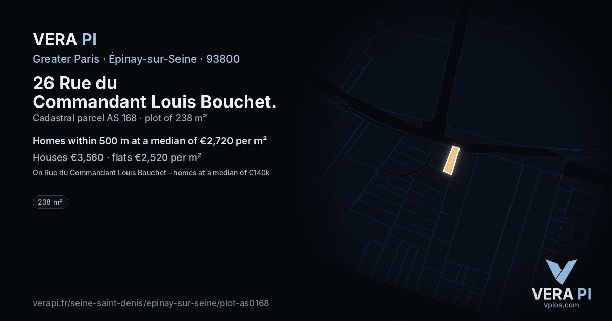 26 Rue du Commandant Louis Bouchet, Épinay-sur-Seine at night – the plot lit, the parcels around coloured by the prices near them