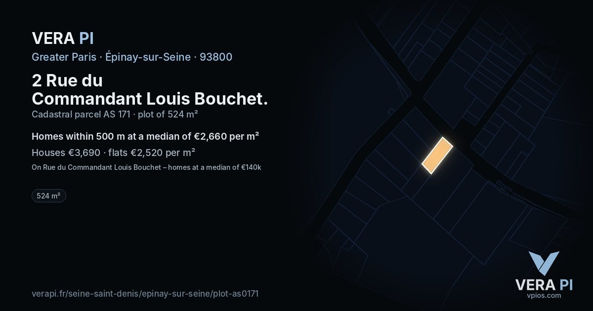 2 Rue du Commandant Louis Bouchet, Épinay-sur-Seine at night – the plot lit, the parcels around coloured by the prices near them