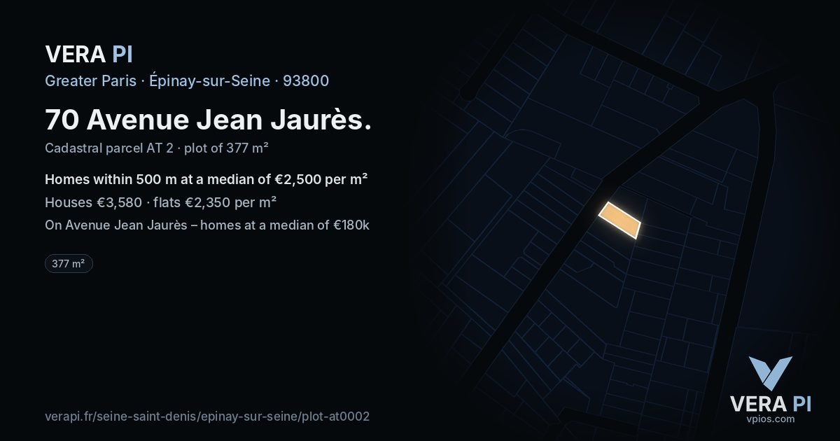 70 Avenue Jean Jaurès, Épinay-sur-Seine at night – the plot lit, the parcels around coloured by the prices near them