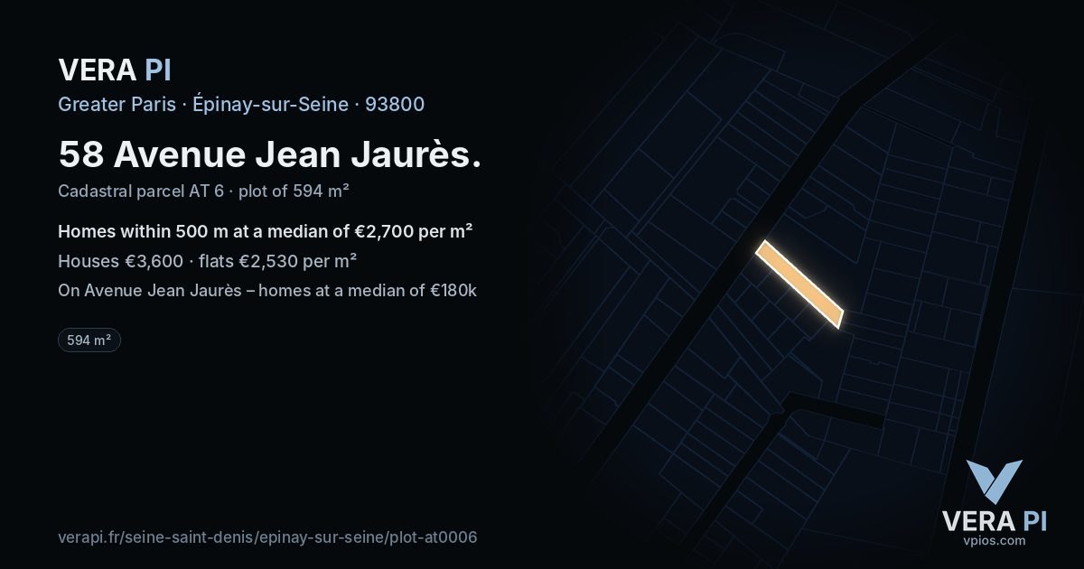 58 Avenue Jean Jaurès, Épinay-sur-Seine at night – the plot lit, the parcels around coloured by the prices near them