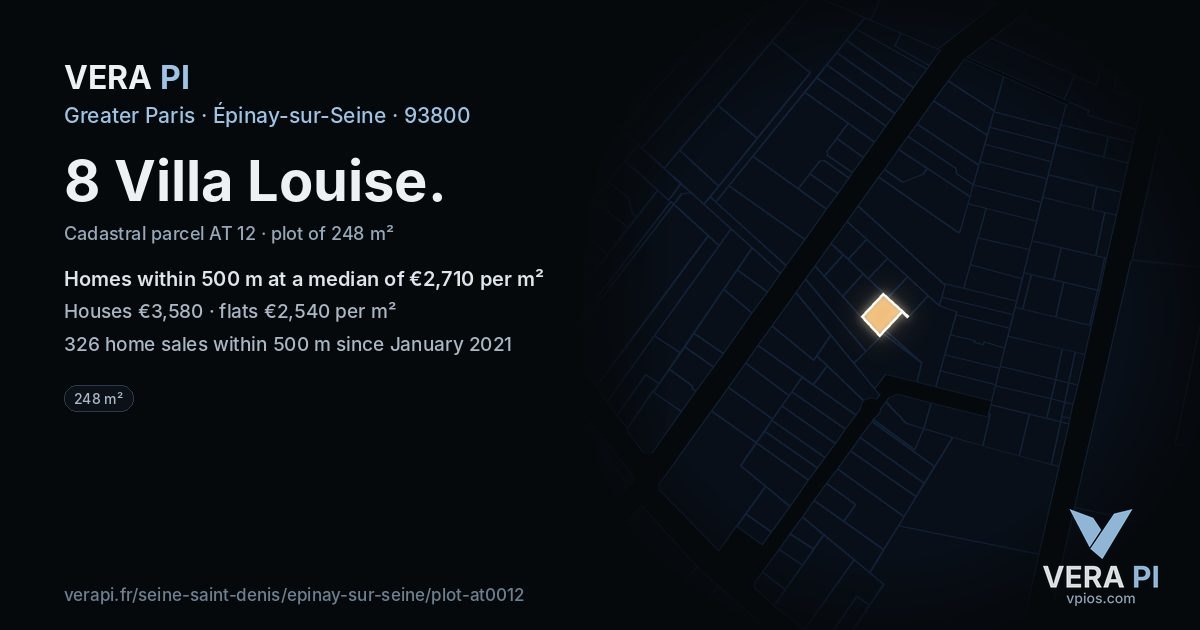 8 Villa Louise, Épinay-sur-Seine at night – the plot lit, the parcels around coloured by the prices near them