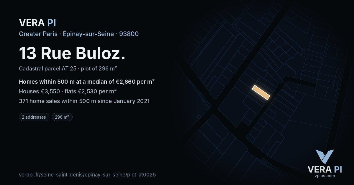 13 Rue Buloz, Épinay-sur-Seine at night – the plot lit, the parcels around coloured by the prices near them