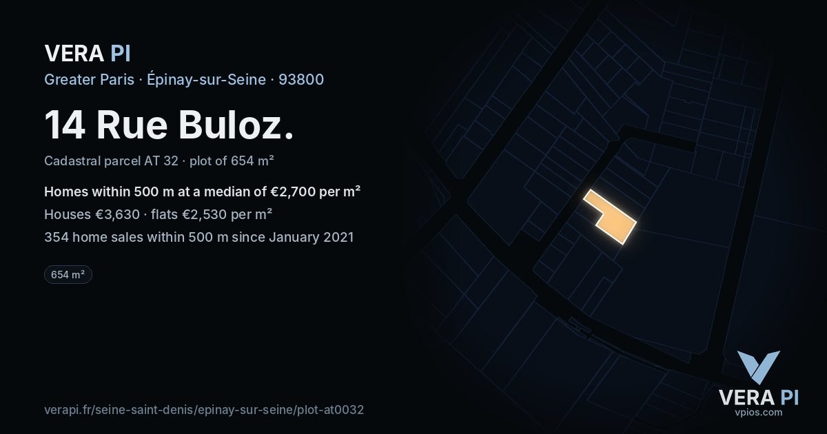 14 Rue Buloz, Épinay-sur-Seine at night – the plot lit, the parcels around coloured by the prices near them