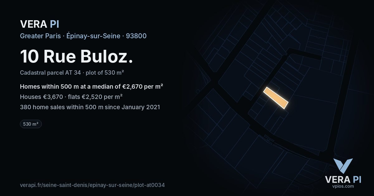 10 Rue Buloz, Épinay-sur-Seine at night – the plot lit, the parcels around coloured by the prices near them