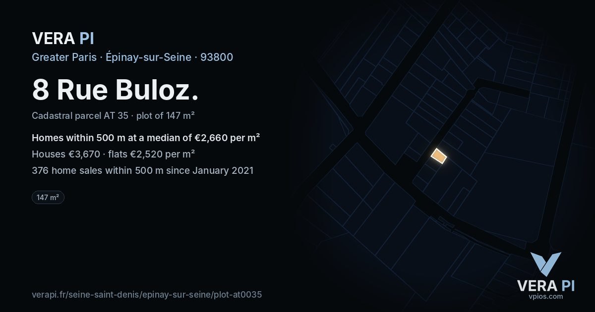 8 Rue Buloz, Épinay-sur-Seine at night – the plot lit, the parcels around coloured by the prices near them