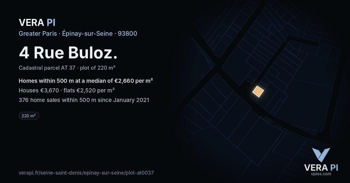 4 Rue Buloz, Épinay-sur-Seine at night – the plot lit, the parcels around coloured by the prices near them
