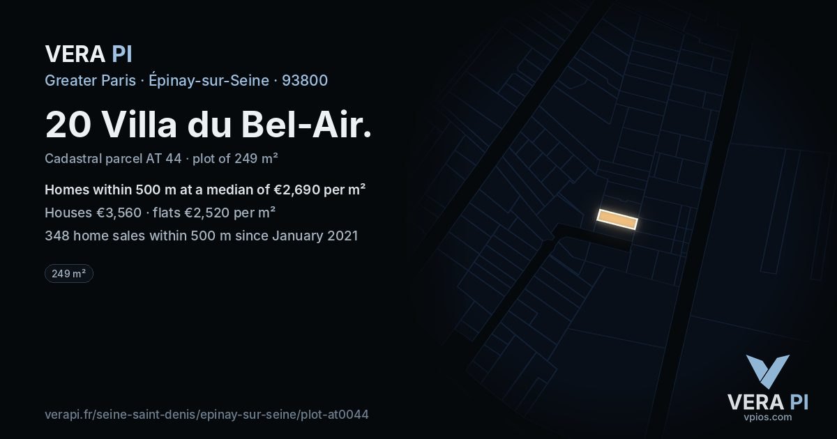 20 Villa du Bel-Air, Épinay-sur-Seine at night – the plot lit, the parcels around coloured by the prices near them