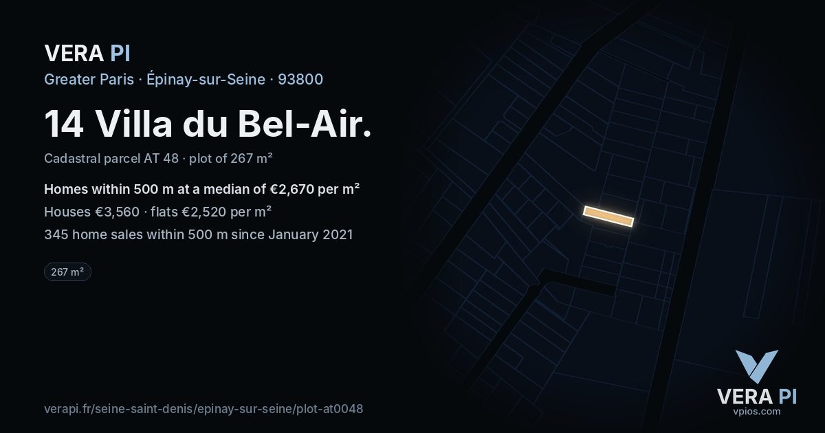 14 Villa du Bel-Air, Épinay-sur-Seine at night – the plot lit, the parcels around coloured by the prices near them