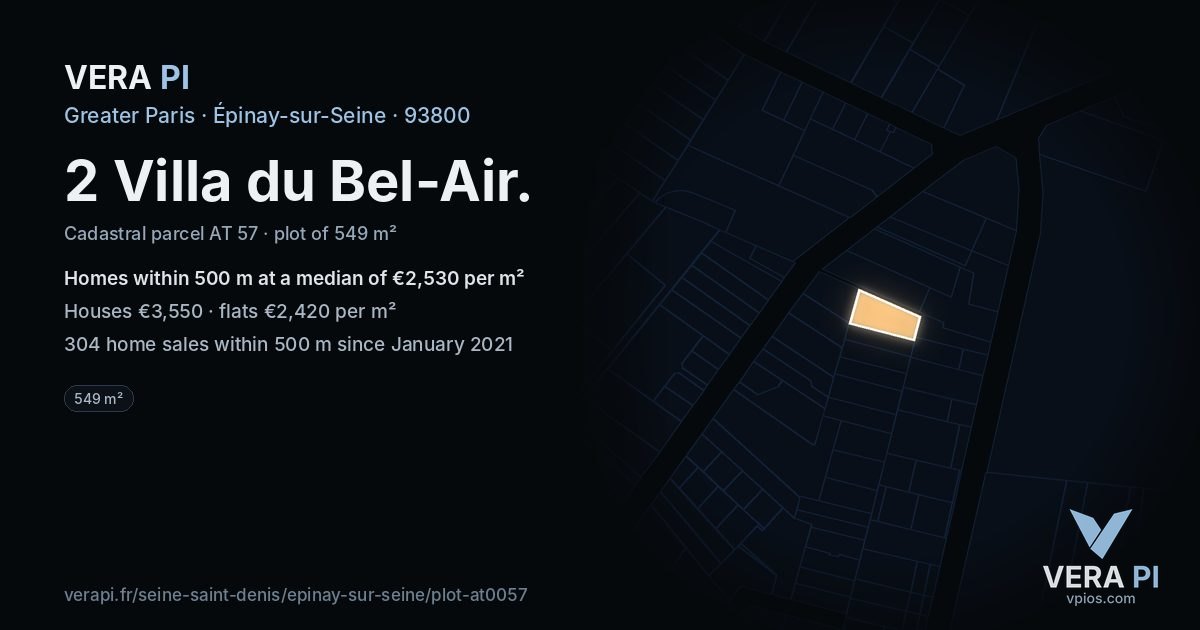 2 Villa du Bel-Air, Épinay-sur-Seine at night – the plot lit, the parcels around coloured by the prices near them