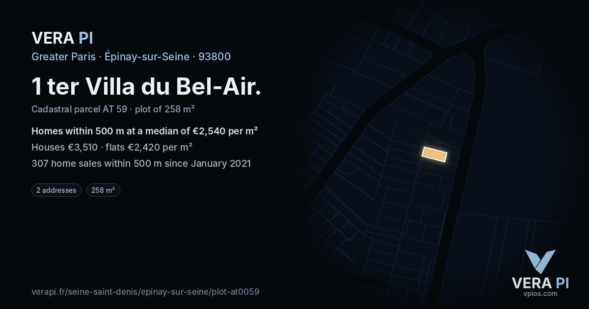 1 ter Villa du Bel-Air, Épinay-sur-Seine at night – the plot lit, the parcels around coloured by the prices near them