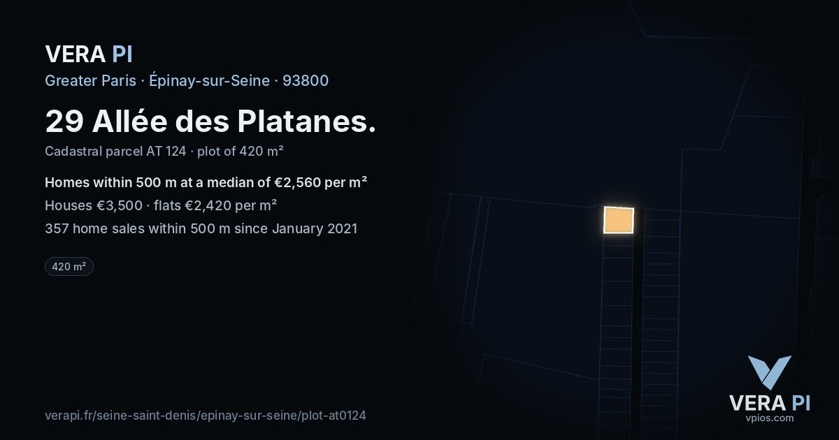 29 Allée des Platanes, Épinay-sur-Seine at night – the plot lit, the parcels around coloured by the prices near them