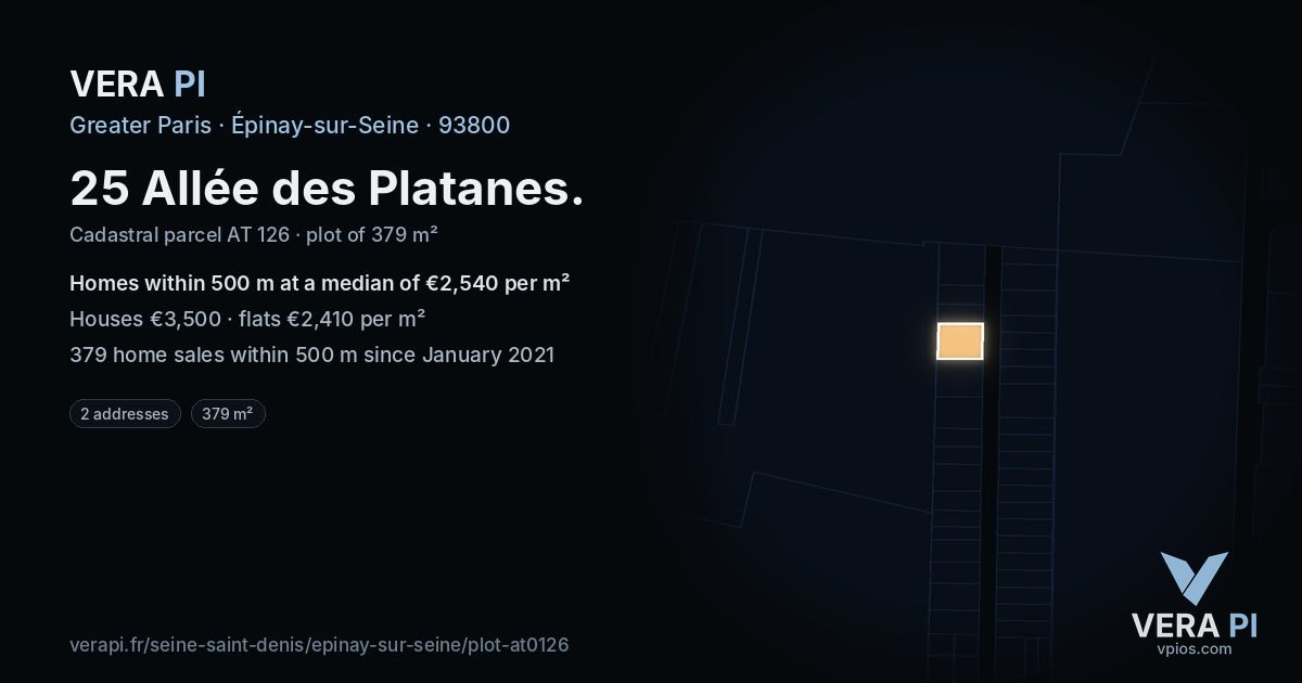 25 Allée des Platanes, Épinay-sur-Seine at night – the plot lit, the parcels around coloured by the prices near them