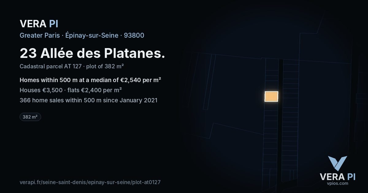 23 Allée des Platanes, Épinay-sur-Seine at night – the plot lit, the parcels around coloured by the prices near them