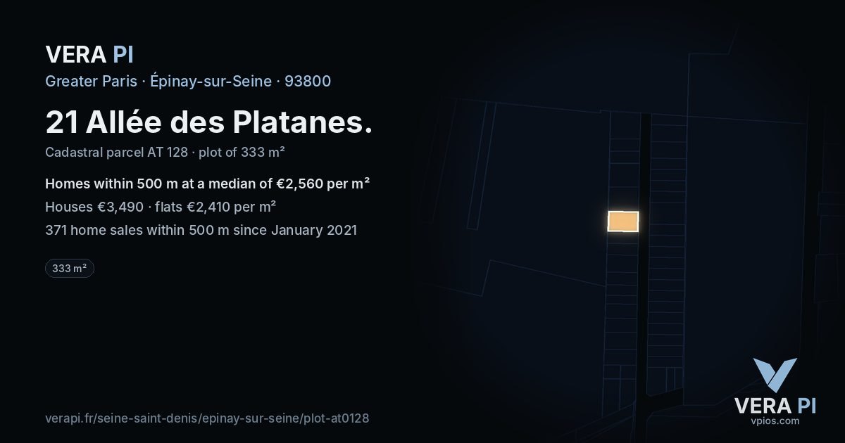 21 Allée des Platanes, Épinay-sur-Seine at night – the plot lit, the parcels around coloured by the prices near them