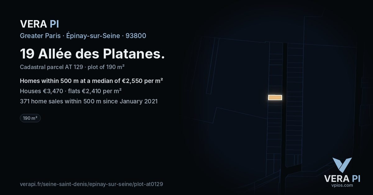 19 Allée des Platanes, Épinay-sur-Seine at night – the plot lit, the parcels around coloured by the prices near them