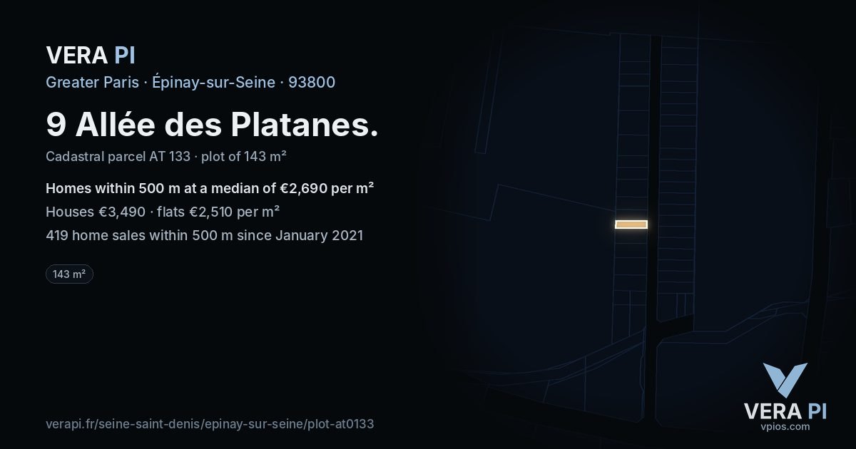 9 Allée des Platanes, Épinay-sur-Seine at night – the plot lit, the parcels around coloured by the prices near them