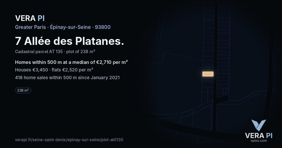 7 Allée des Platanes, Épinay-sur-Seine at night – the plot lit, the parcels around coloured by the prices near them