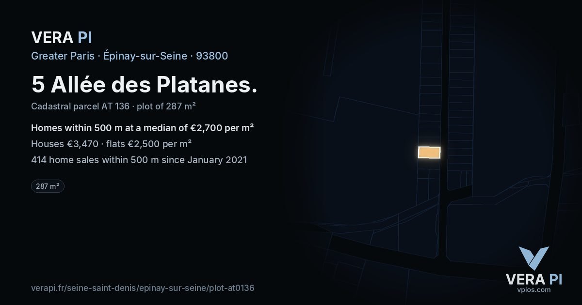 5 Allée des Platanes, Épinay-sur-Seine at night – the plot lit, the parcels around coloured by the prices near them